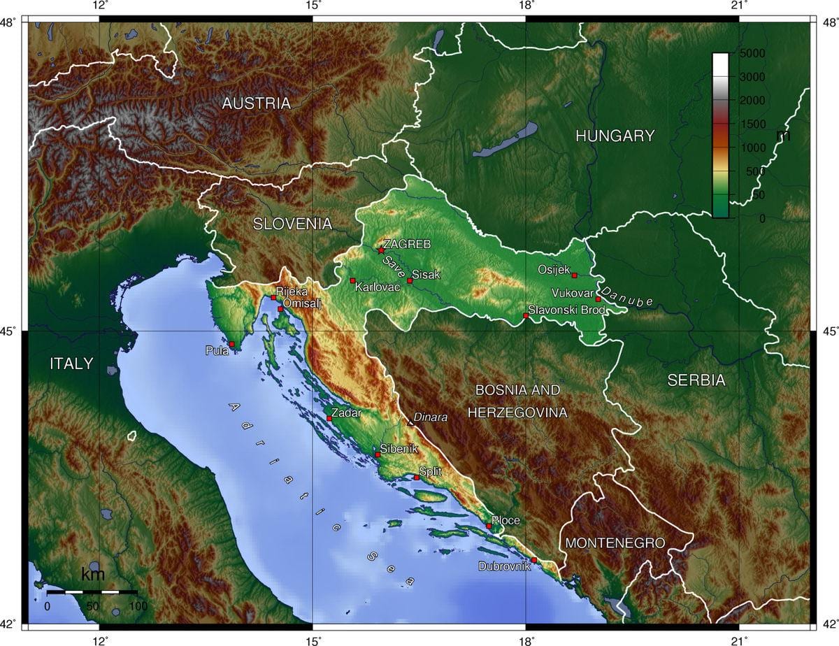 რუკა ხორვატია ტოპოგრაფიული 
