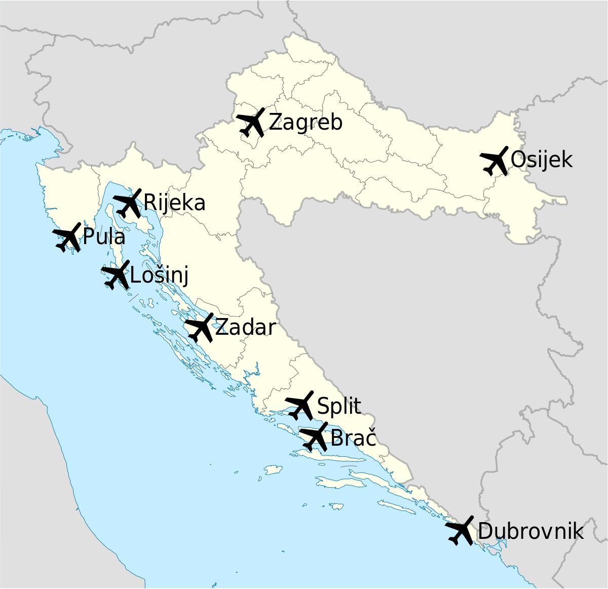 რუკა ხორვატია აჩვენებს აეროპორტები